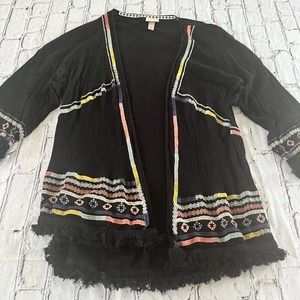 Knox Rose Black Boho Fringe Kimono Cardigan Rayon Lightweight Size S Festival